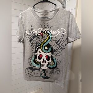 Ed Hardy • Grey New York City Skull Snake Rhinestone Tee T-shirt • Size S